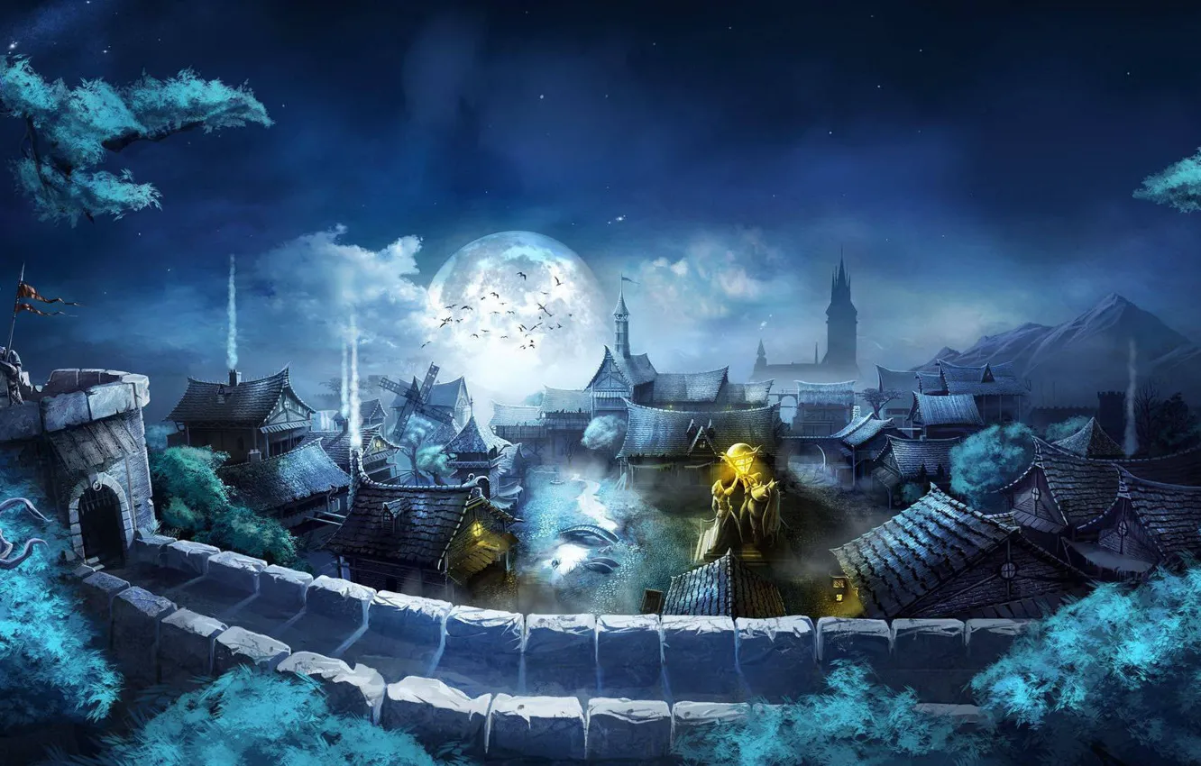 Фото обои moon, night, bat, village, flag, castle