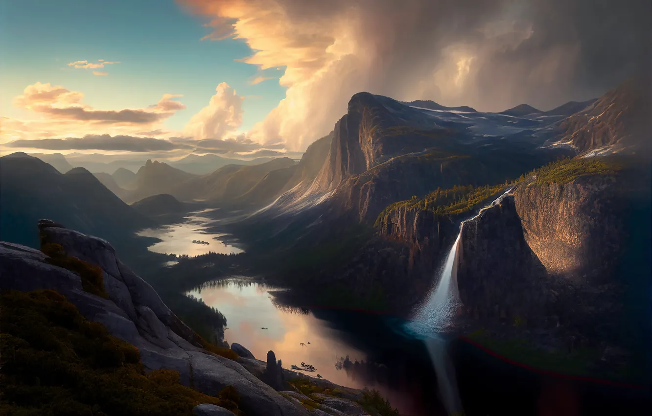 Фото обои Горы, Водопад, Озеро, Тучи, Mountains