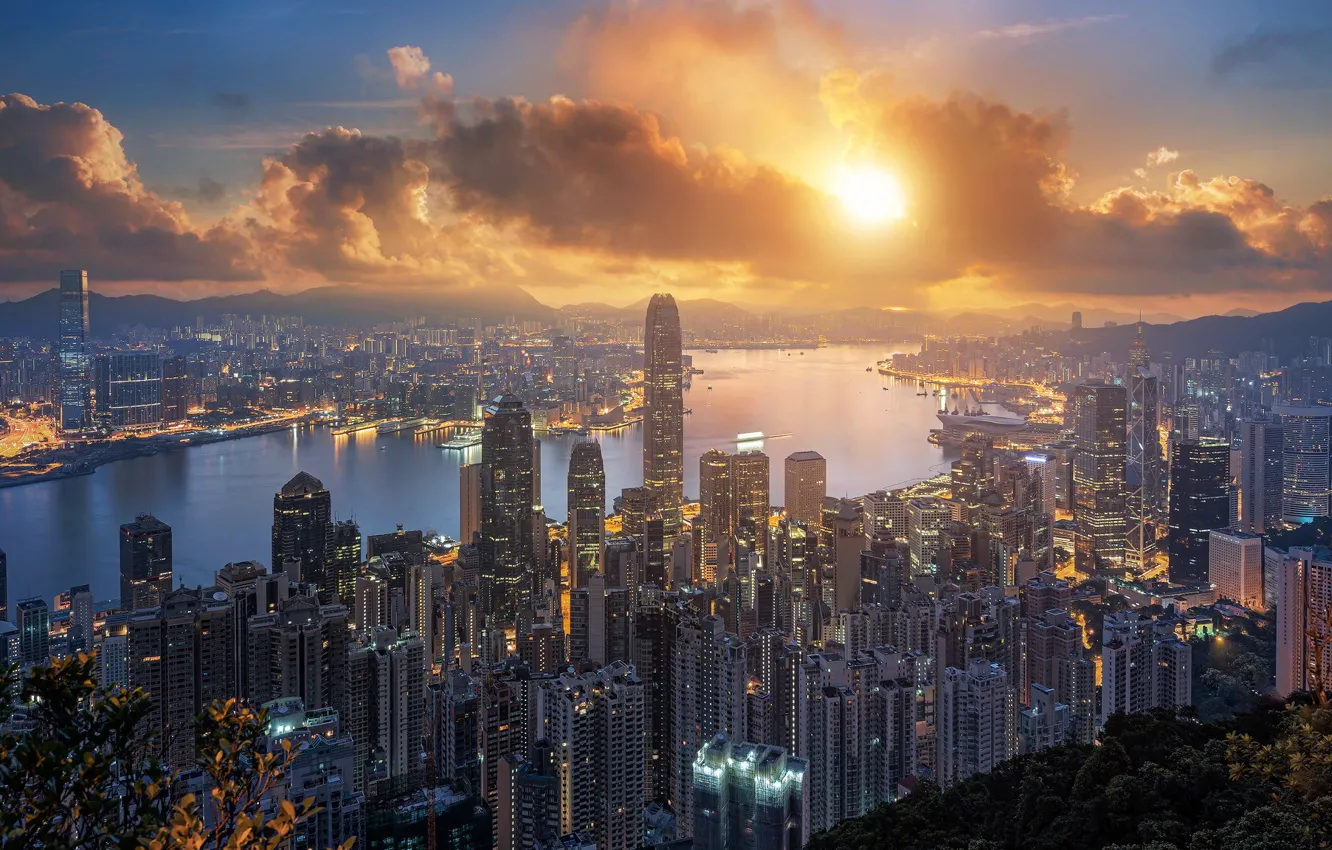Фото обои закат, город, hongkong