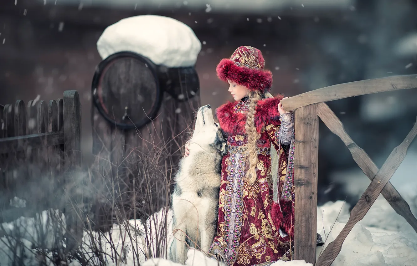 Фото обои зима, собака, девочка, друзья, хаски, Киевская Русь, Ярослава Громова, Княжна