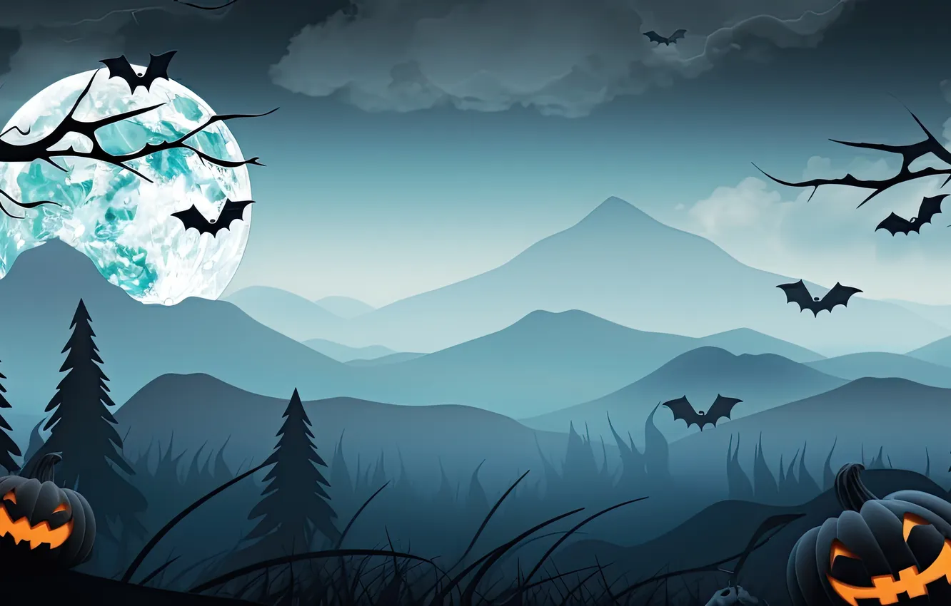 Фото обои Горы, Ночь, Деревья, Луна, Тучи, Тыквы, Halloween, Хэллоуин
