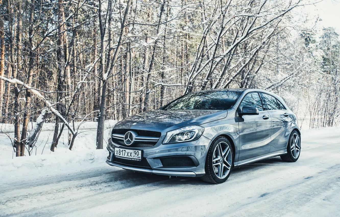 Фото обои Зима, Авто, Снег, Mercedes, Benz, AMG, A45