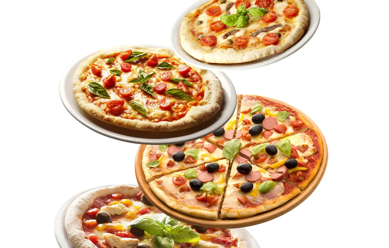 Фото обои зелень, сосиски, сыр, пицца, помидоры, оливки, pizza, cheese