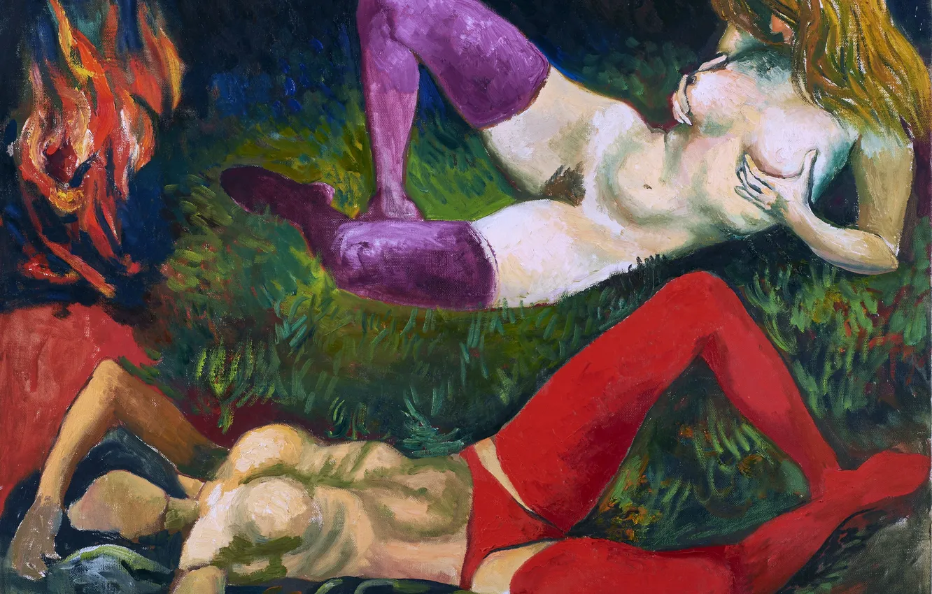 Фото обои трава, девушка, картина, костер, двое, обнажена, итальянский живописец, Две обнаженные