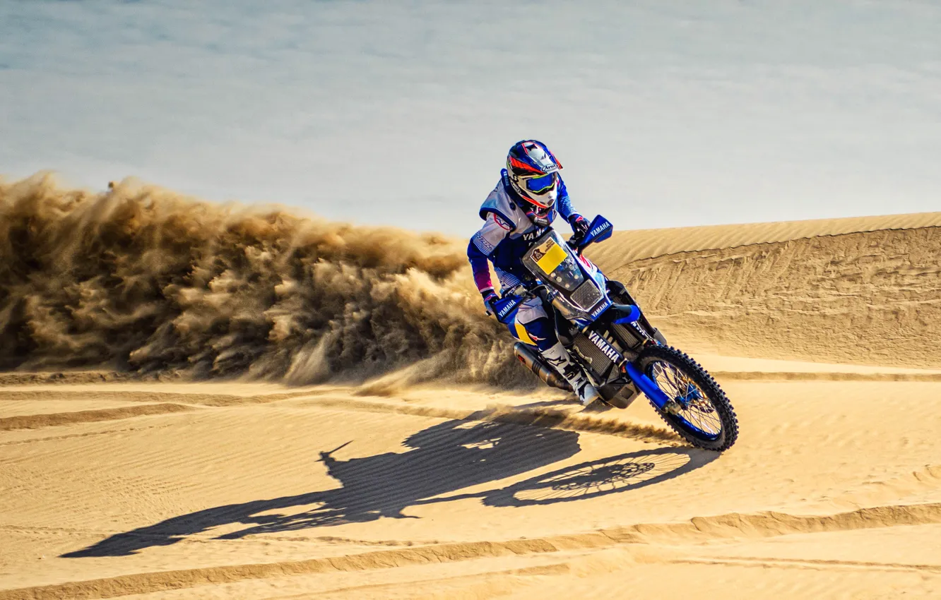 Фото обои Песок, Скорость, Мотоцикл, Гонщик, Мото, Yamaha, Rally, Dakar