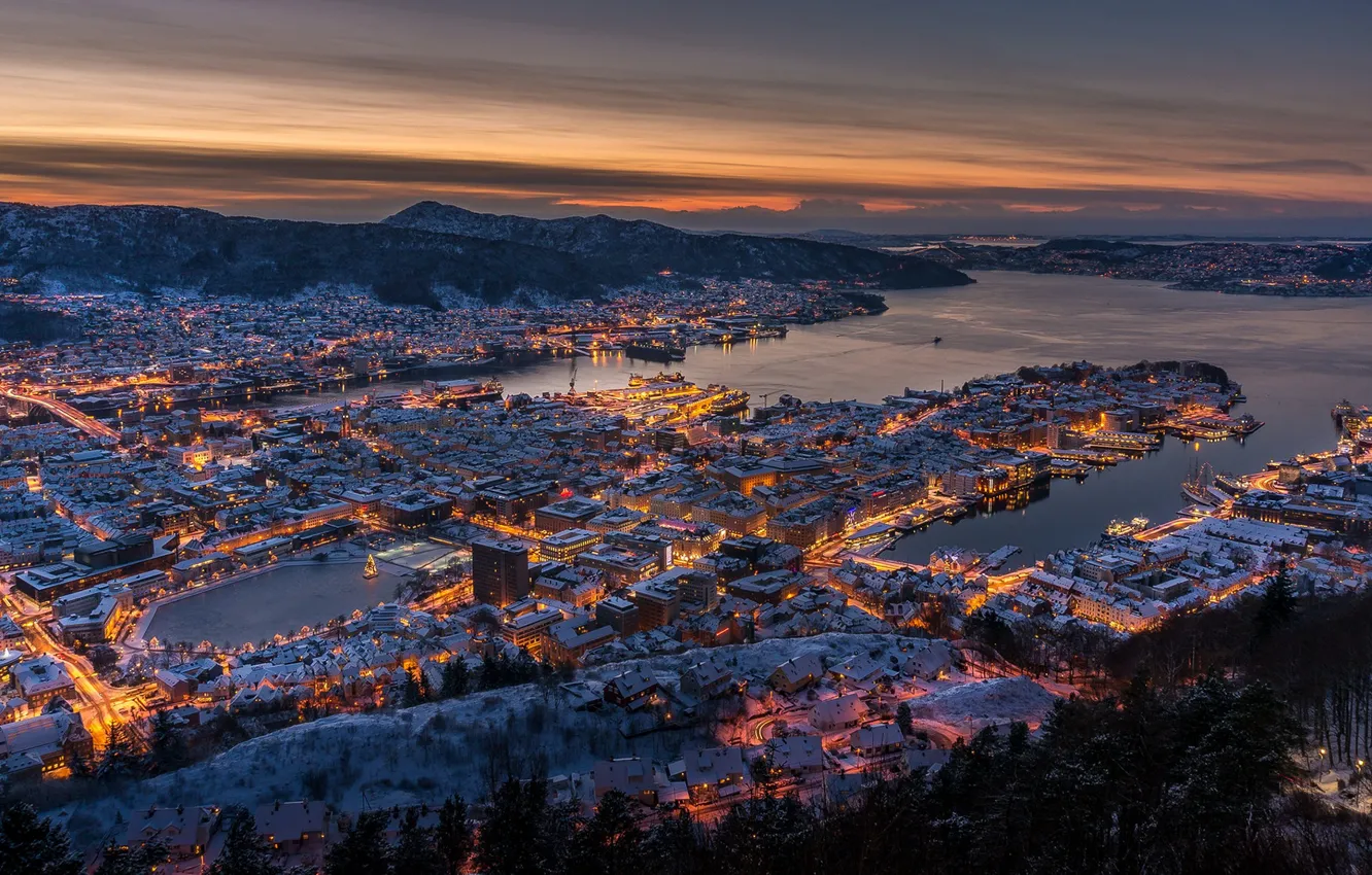 Фото обои зима, закат, Норвегия, Берген