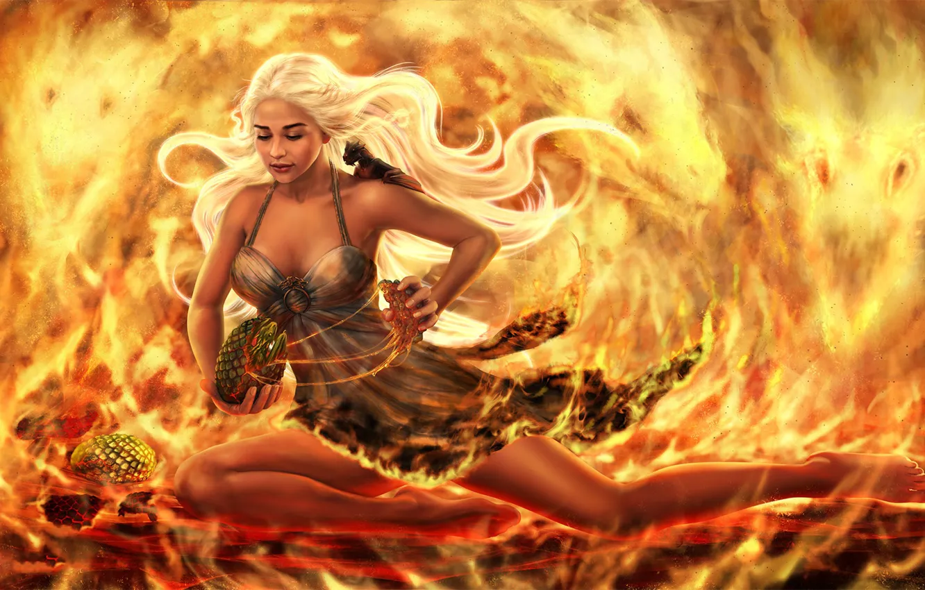 Фото обои девушка, огонь, дракончики, яйца дракона
