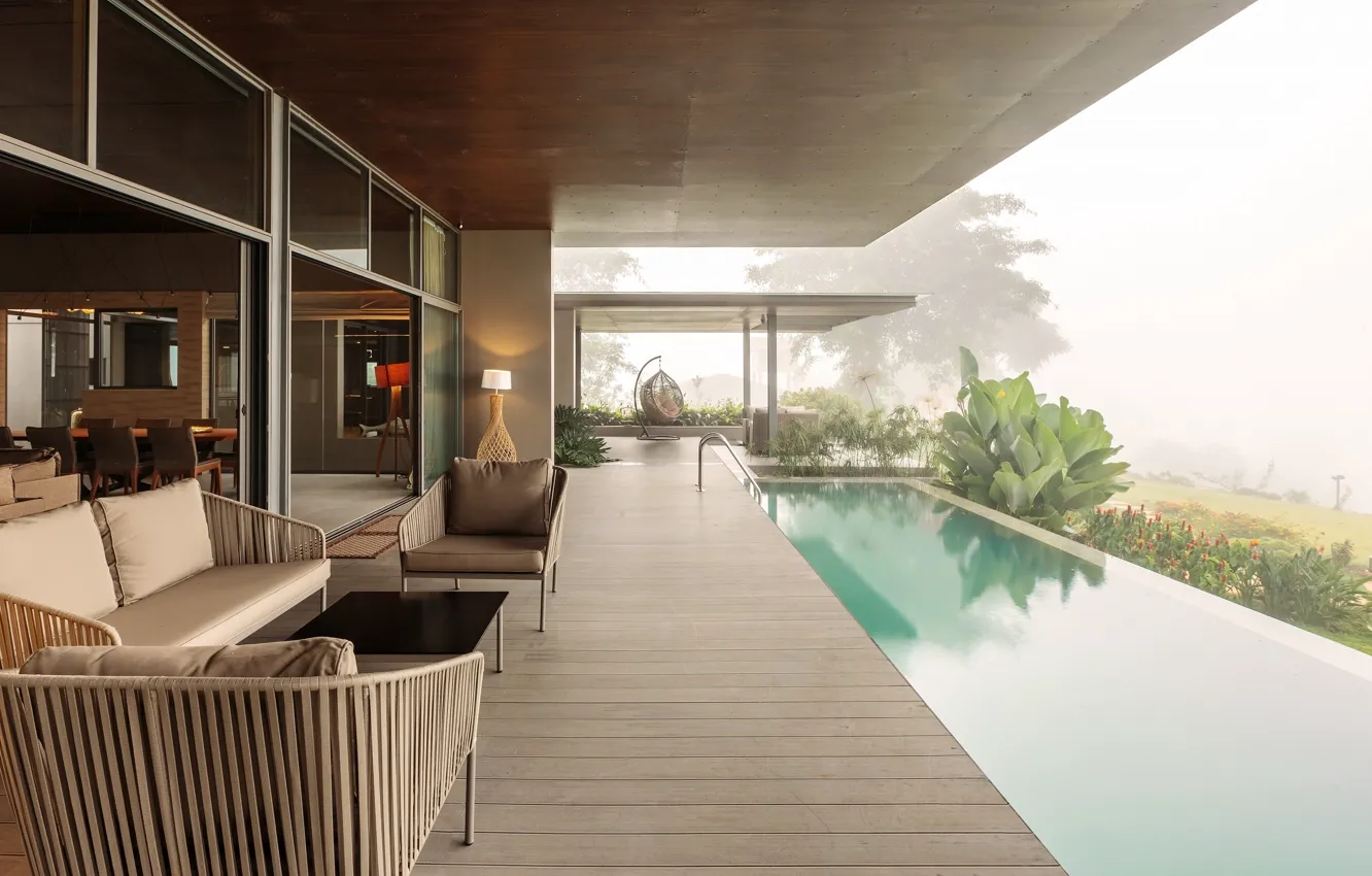 Фото обои интерьер, бассейн, терраса, гостиная, столовая, Home on the Hill, by Arun Nalapat Architects