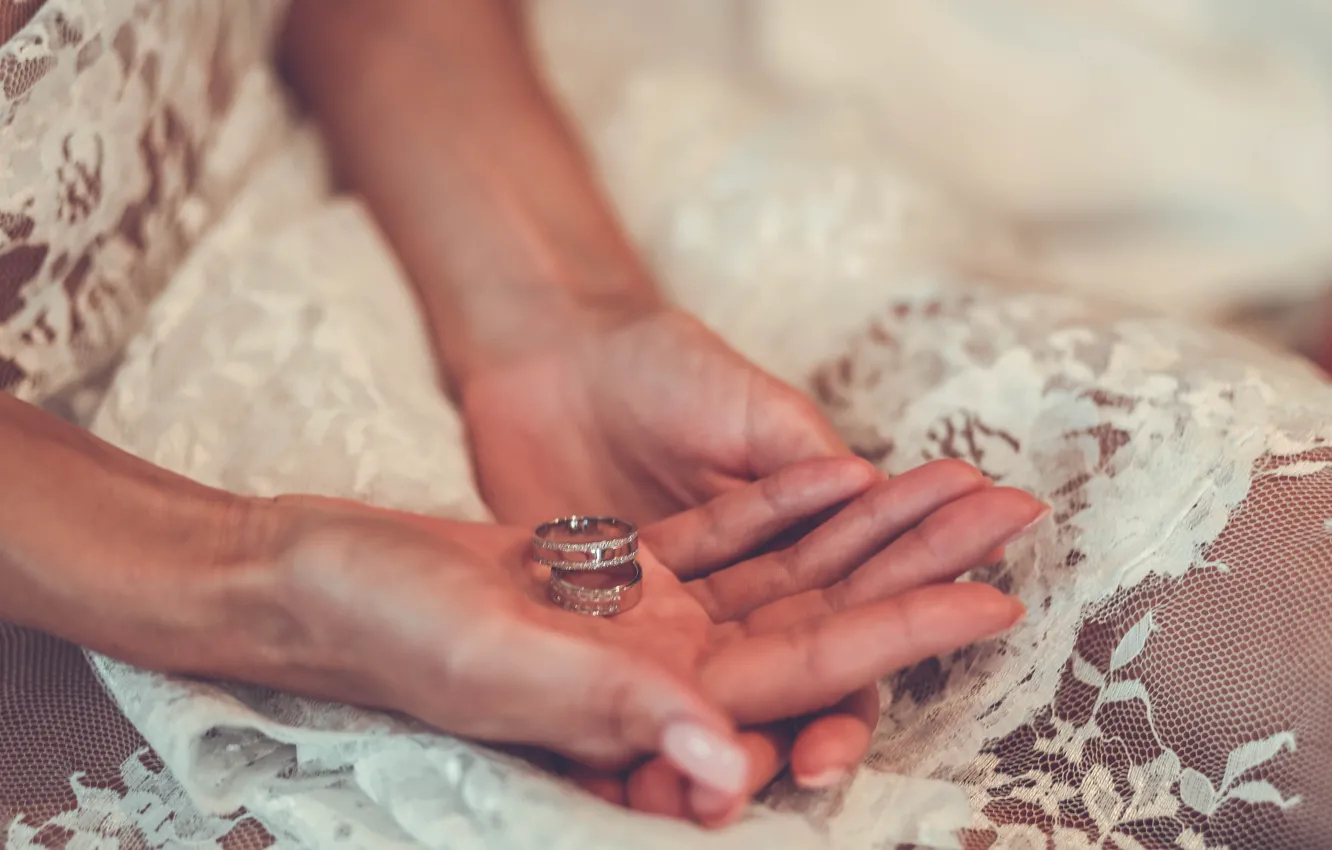 Фото обои кольца, руки, кружева, невеста