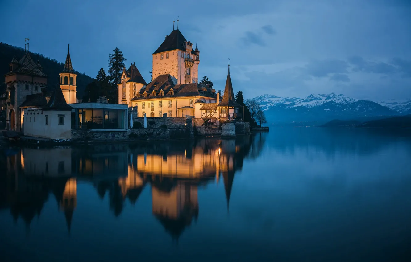 Фото обои пейзаж, горы, природа, утро, Швейцария, освещение, сумерки, Замок Оберхофен