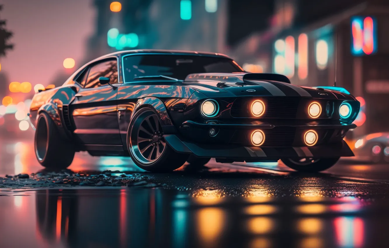 Фото обои lights, road, muscle car, bokeh, ai art