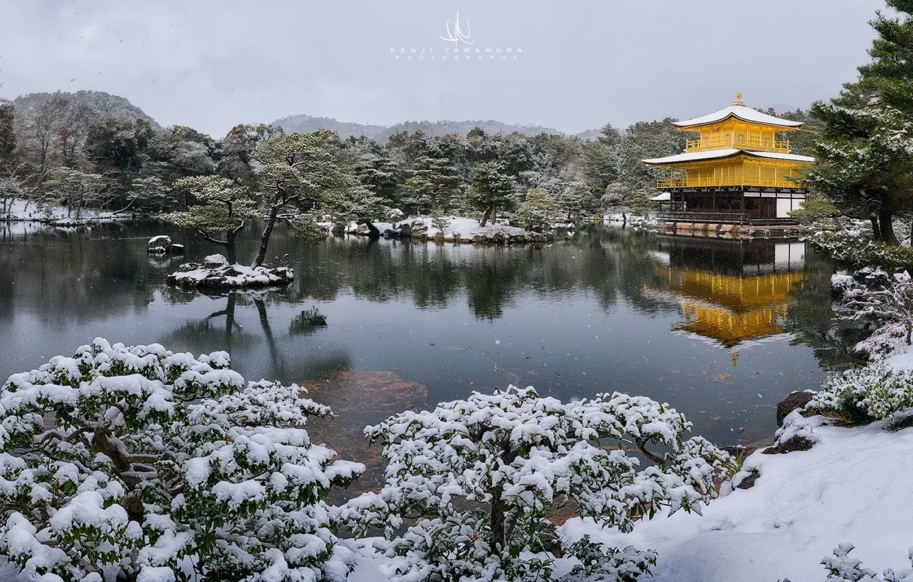 Фото обои снег, озеро, Kyoto, photographer, Kenji Yamamura, Kinkaku Temple, золотой храм