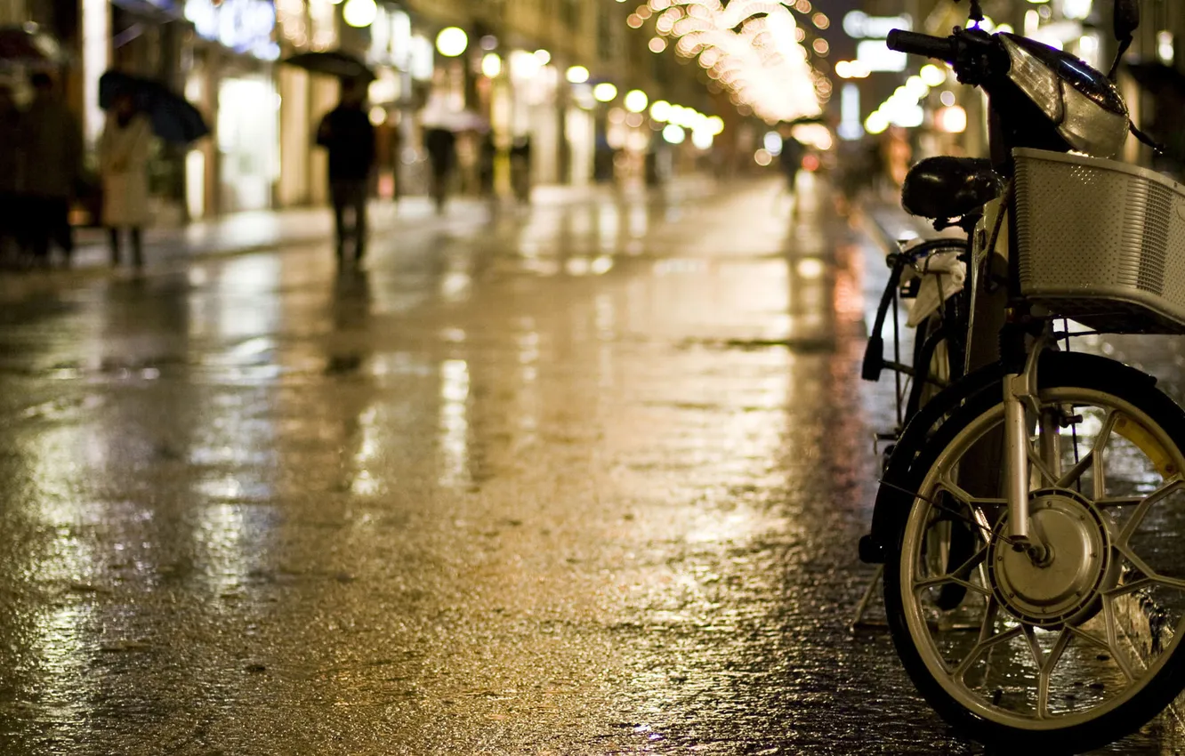 Фото обои город, дождь, вечер, bike