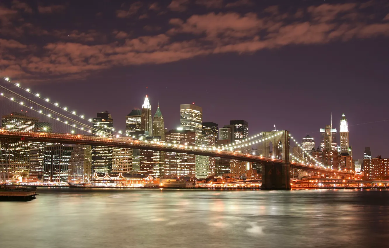 Фото обои New York, Night, Brooklyn Bridge