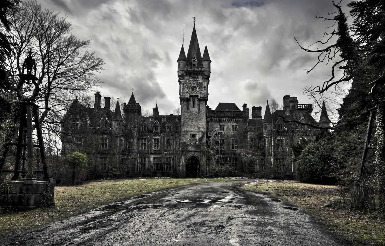 Фото обои creepy, castel, panoramic, monochromatic