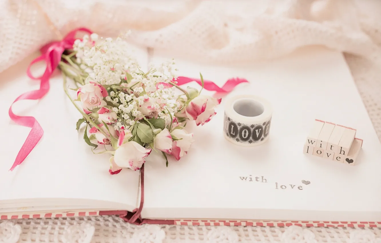 Фото обои цветы, надпись, розы, букет, тетрадь, винтаж