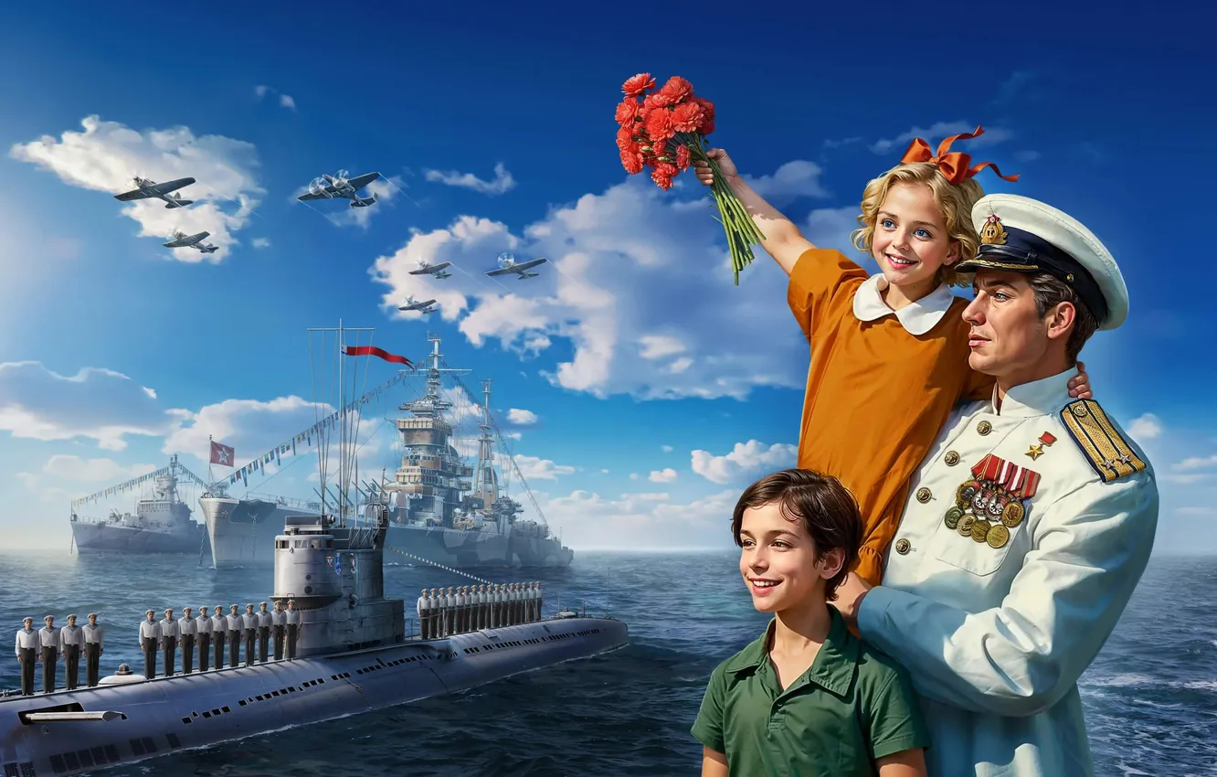 Фото обои Небо, Облака, Море, Рисунок, Мальчик, Подводная лодка, Самолеты, Дети