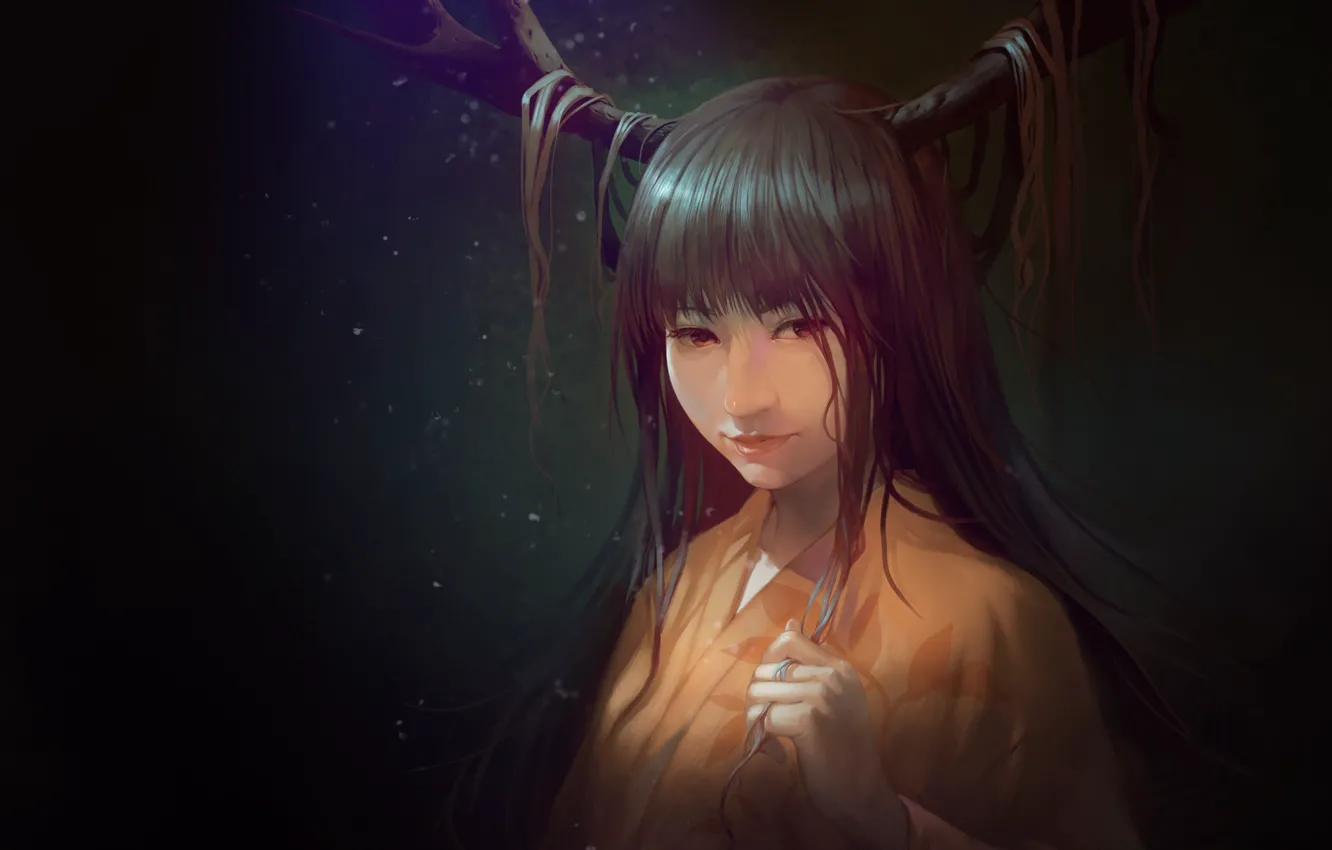 Фото обои girl, forest, anime, pretty, face, brunette, asian, hand
