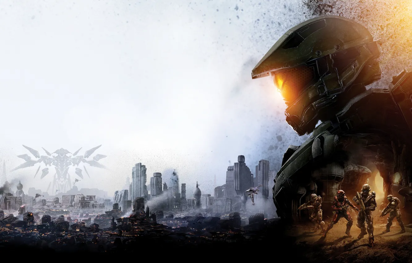 Фото обои город, игра, арт, солдаты, Halo 5: Guardians
