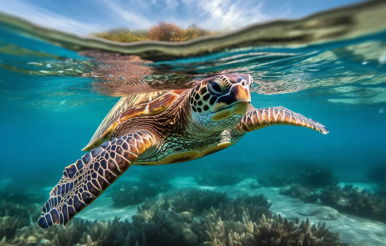 Фото обои море, взгляд, черепаха, морская черепаха, плавание, ИИ-арт, нейросеть