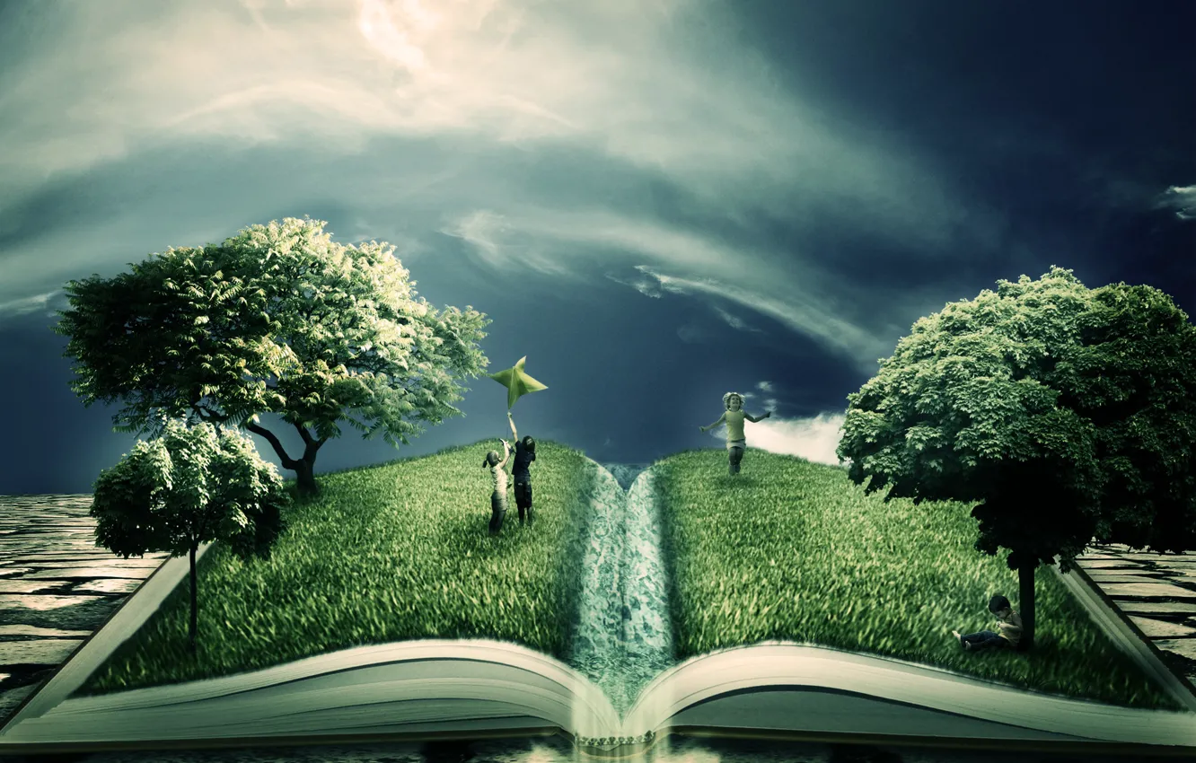 Фото обои зелень, деревья, дети, креатив, книга