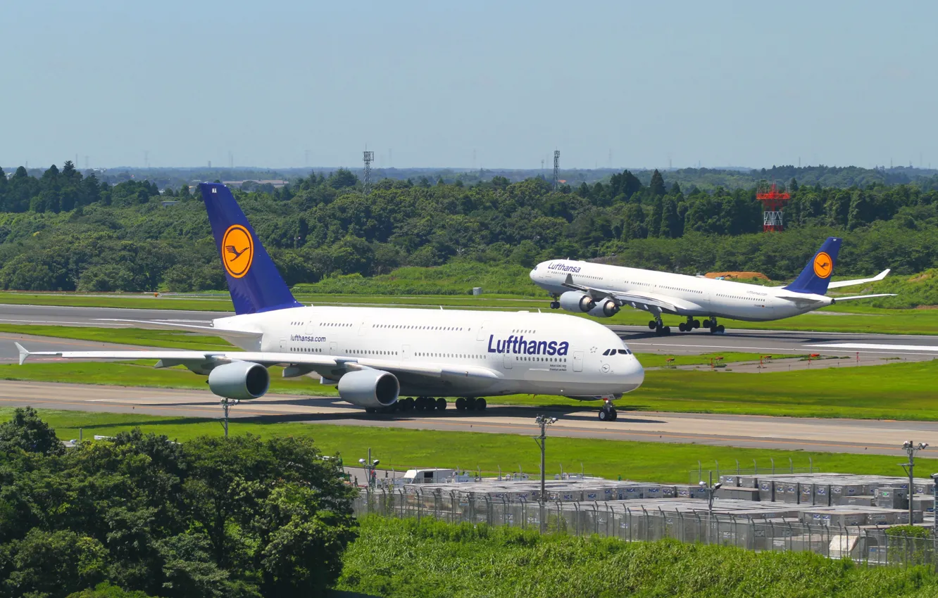 Фото обои Германия, Аэропорт, Полёт, Flight, Germany, A380, Посадка, Lufthansa