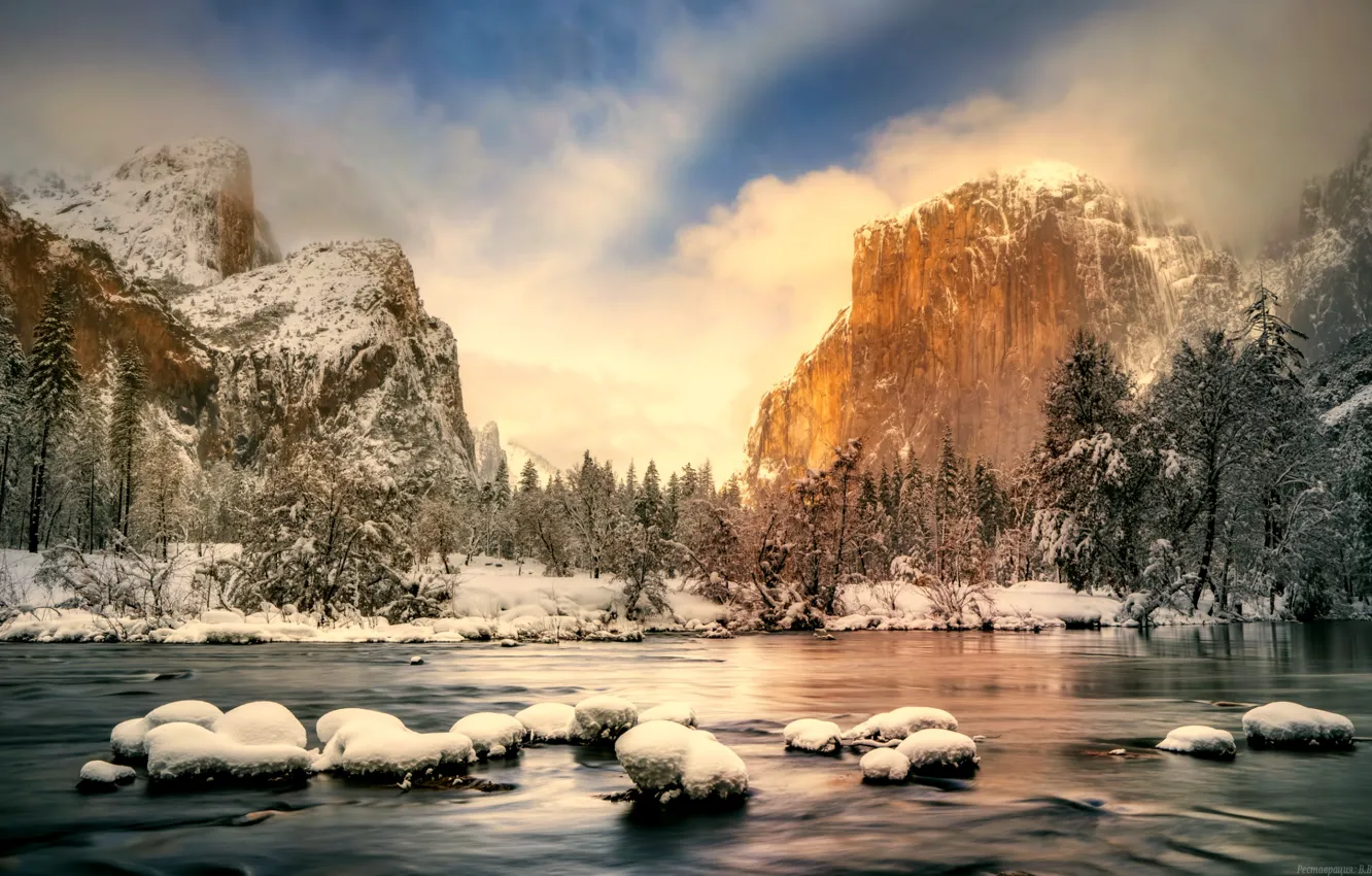 Фото обои зима, небо, горы, озеро