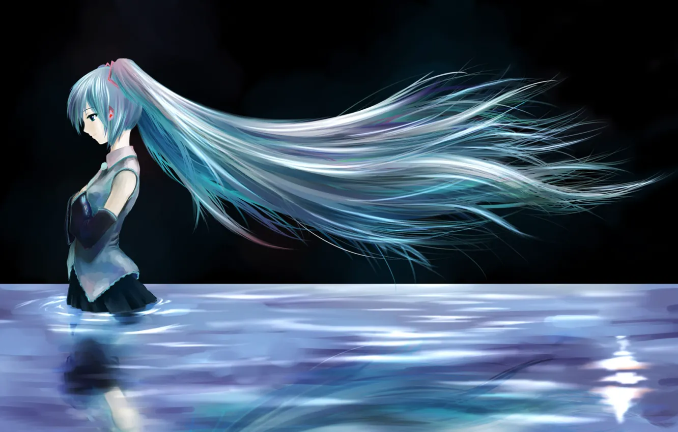 Фото обои девушка, ночь, озеро, волосы, аниме, Хацунэ Мику, Вокалоид