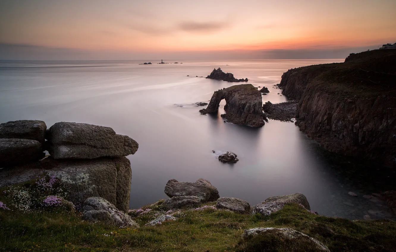 Фото обои море, скалы, рассвет, берег, Англия