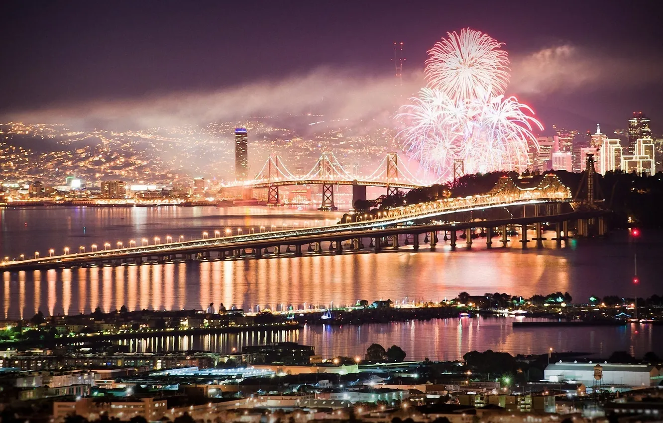 Фото обои ночь, мост, огни, города, праздник, Сан-Франциско, фейерверк, USA