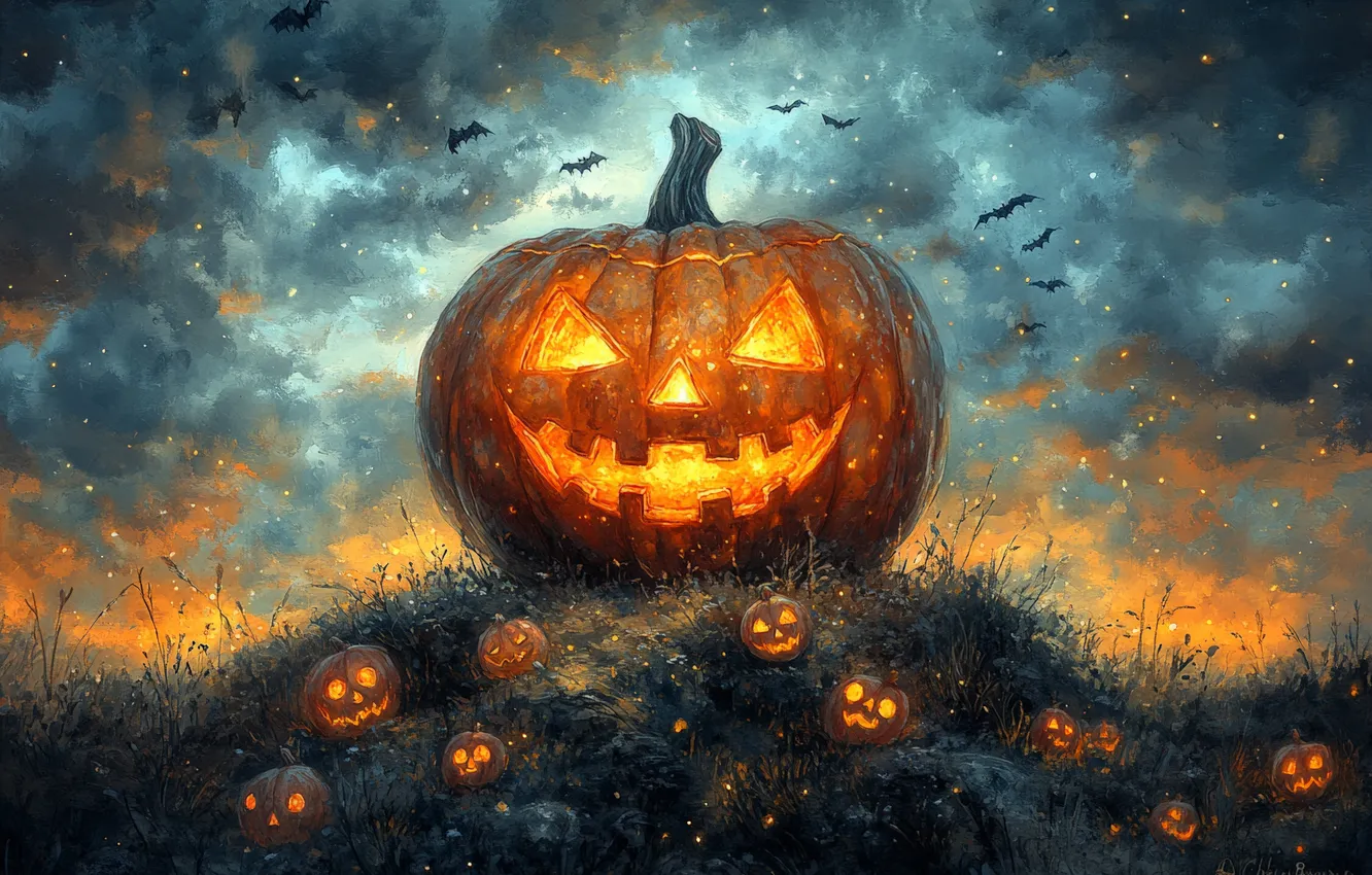 Фото обои Облака, Тыквы, Halloween, Хэллоуин, Цифровое искусство, Летучие мыши, ИИ-арт, Искусство искусственного интеллекта