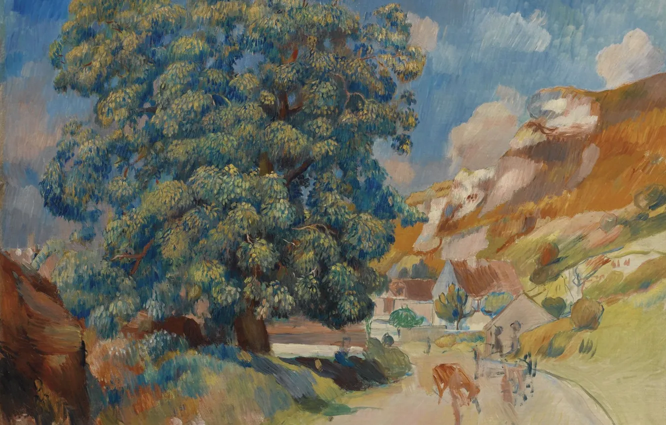 Фото обои пейзаж, картина, 1886, Пьер Огюст Ренуар, Pierre Auguste Renoir, Большое Дерево возле Дороги