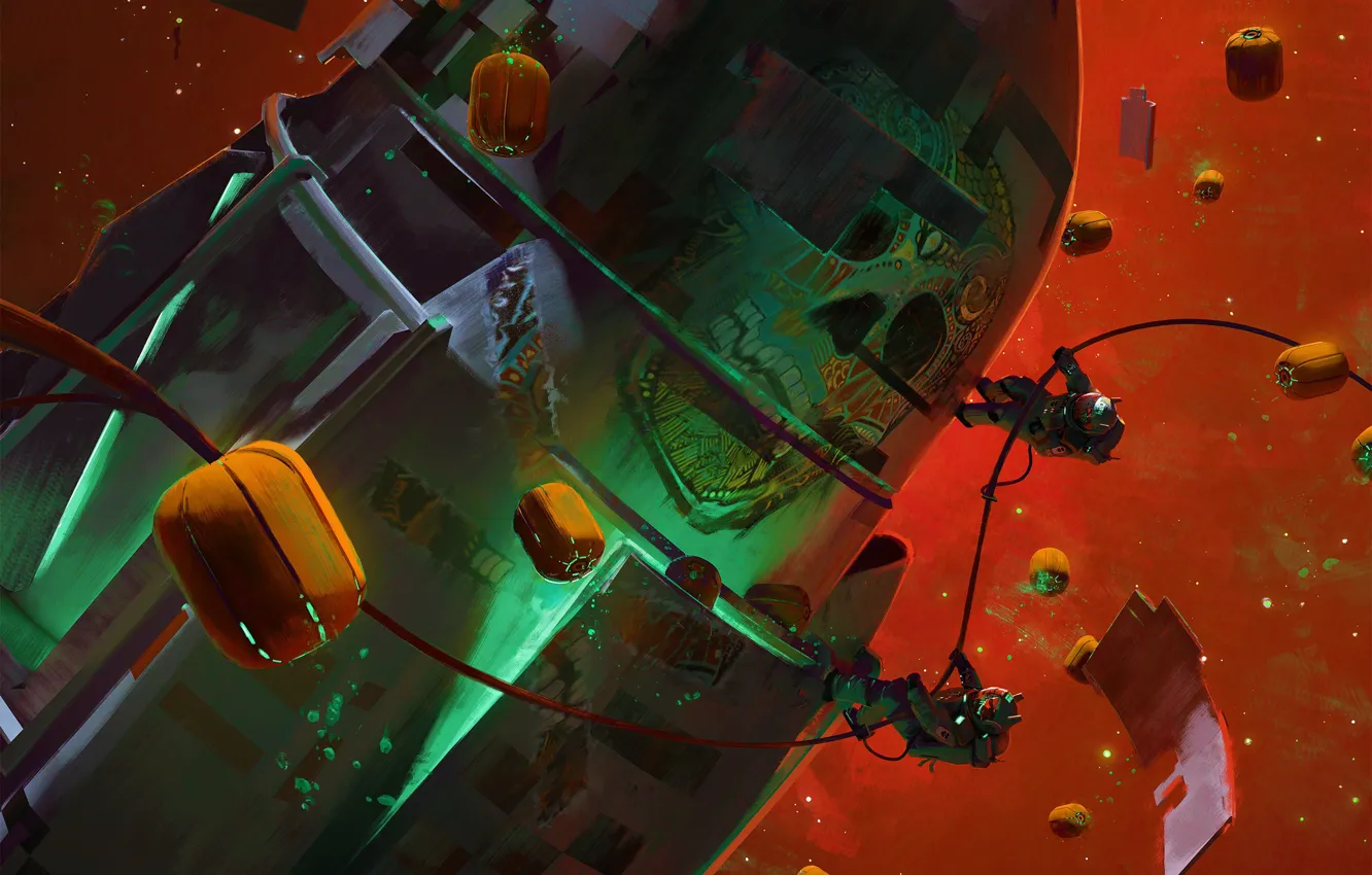 Фото обои космос, звезды, космонавт, halloweenspace, Pumpkin Space