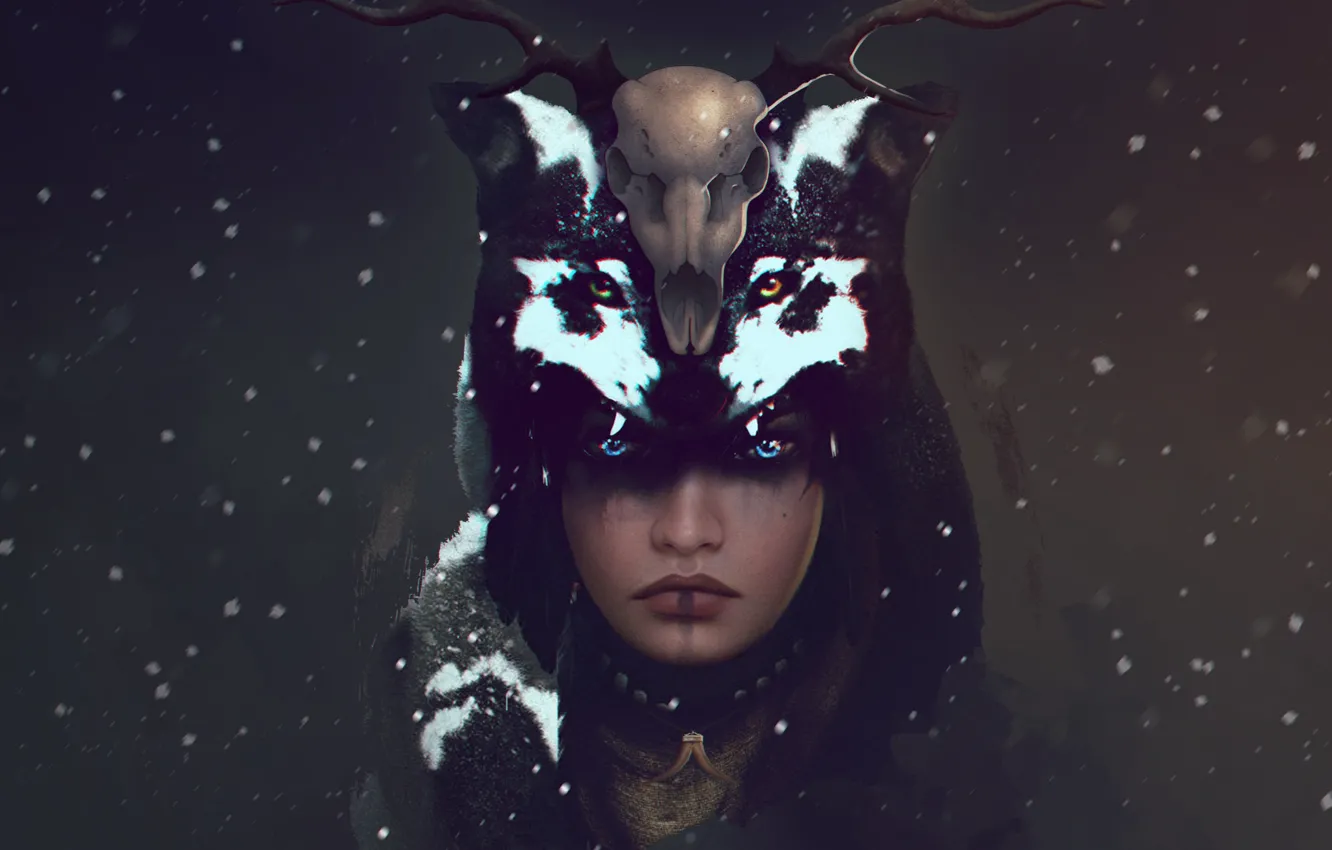 Фото обои взгляд, девушка, снег, череп, волк, олень, арт, рога