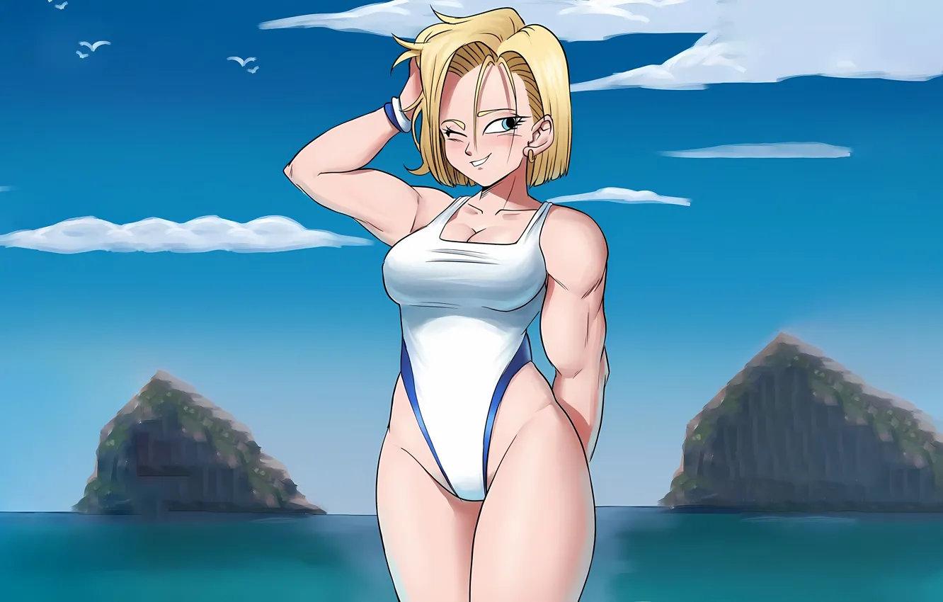 Фото обои girl, sexy, cleavage, sky, green eyes, sea, boobs, anime