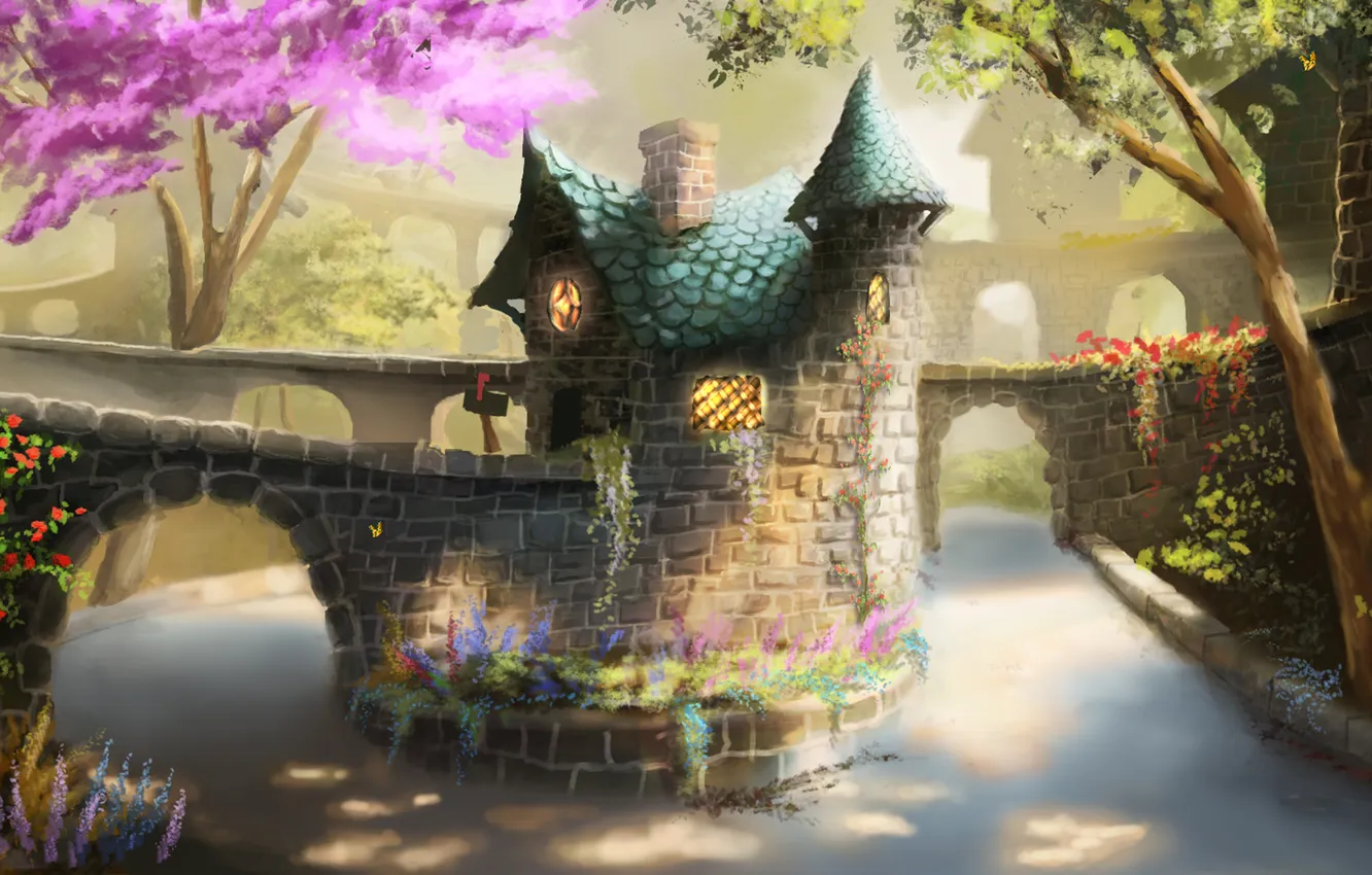 Фото обои деревья, цветы, дома, арт