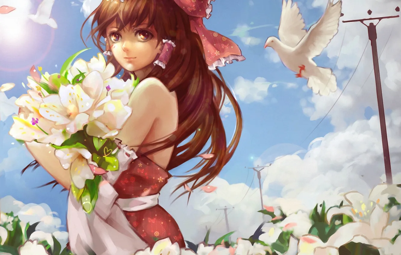 Фото обои девушка, цветы, птица, голубь, букет, арт, touhou, hakurei reimu