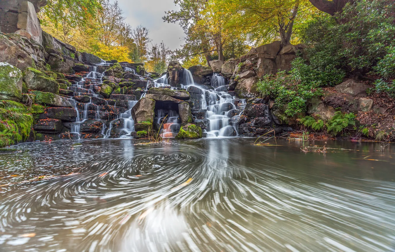 Фото обои осень, листья, деревья, парк, камни, водопад, мох, Вирджиния