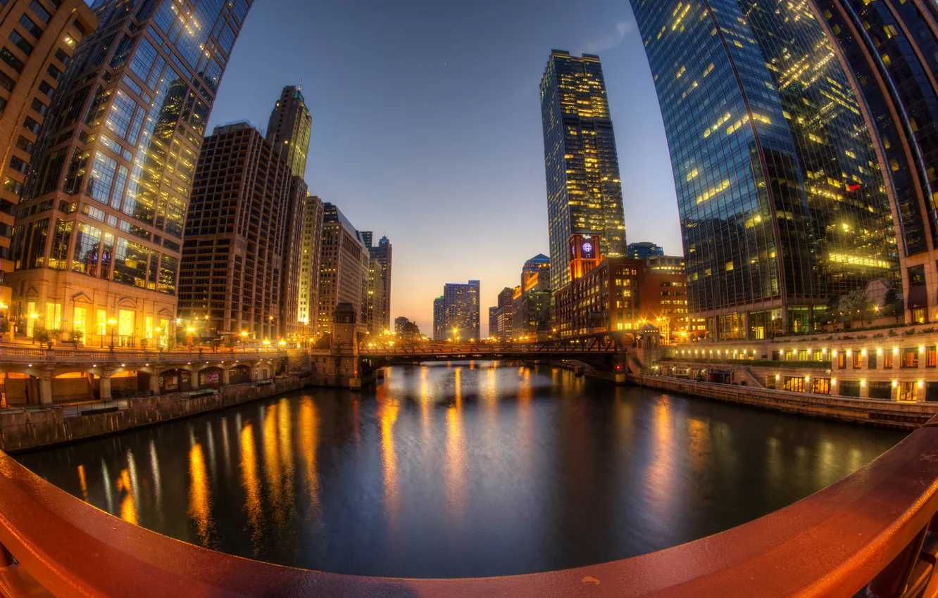 Фото обои город, река, небоскребы, вечер, USA, Chicago, illinois