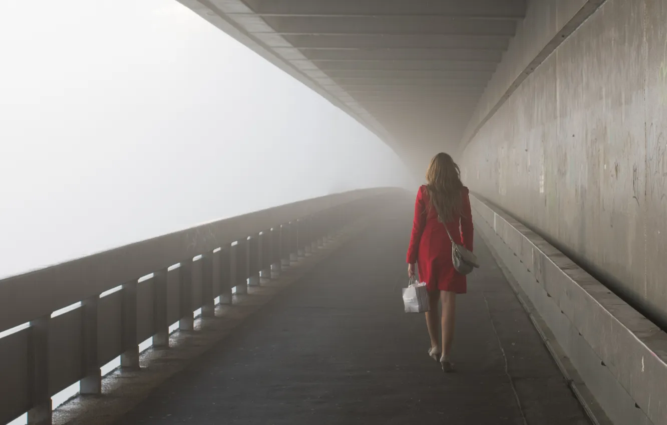 Фото обои девушка, город, туман, утро