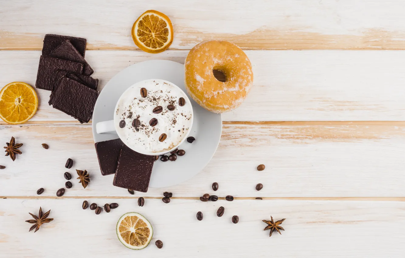 Фото обои кофе, шоколад, завтрак, пончик