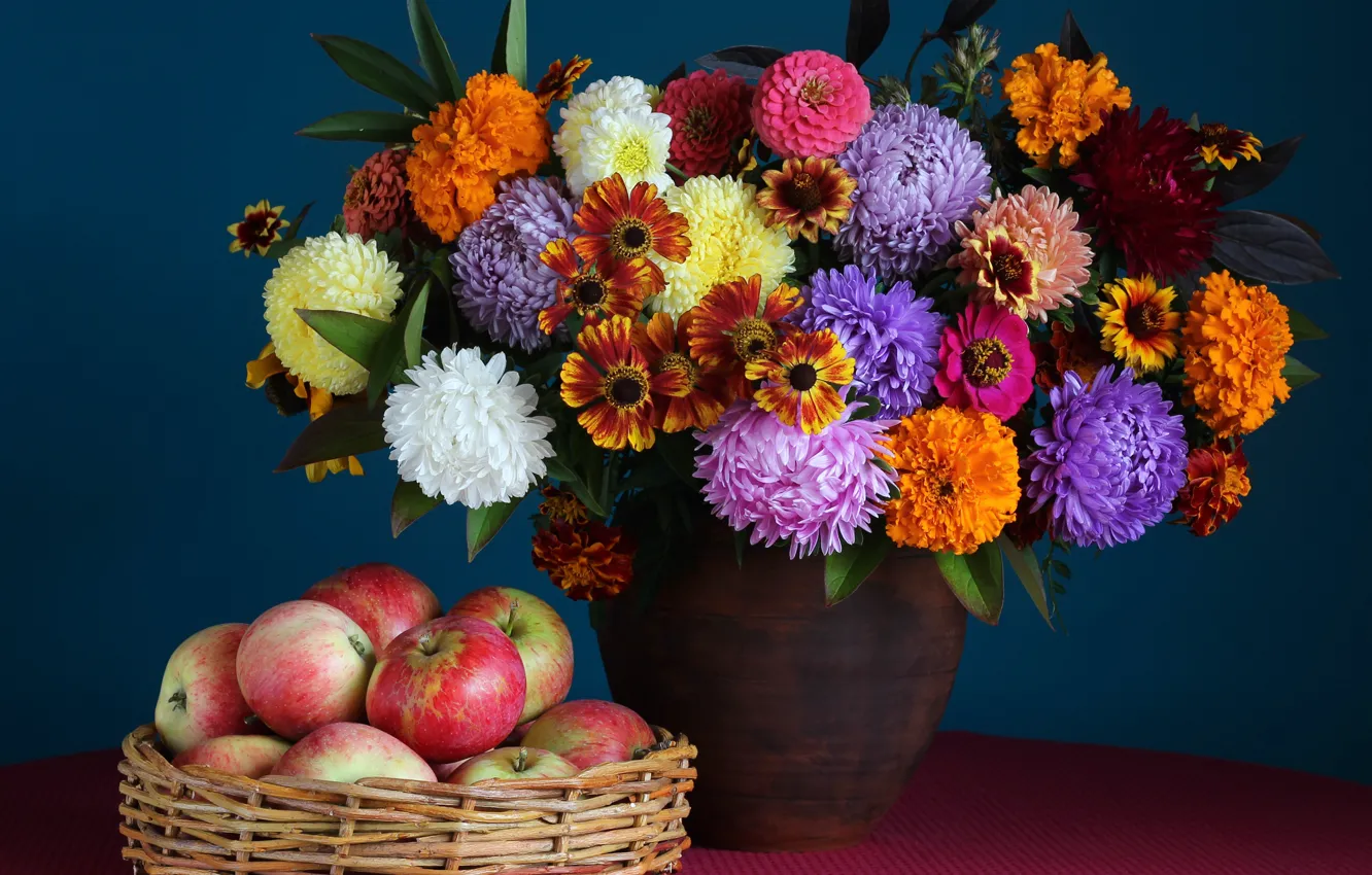 Фото обои осень, цветы, яблоки, букет, colorful, фрукты, натюрморт, flowers