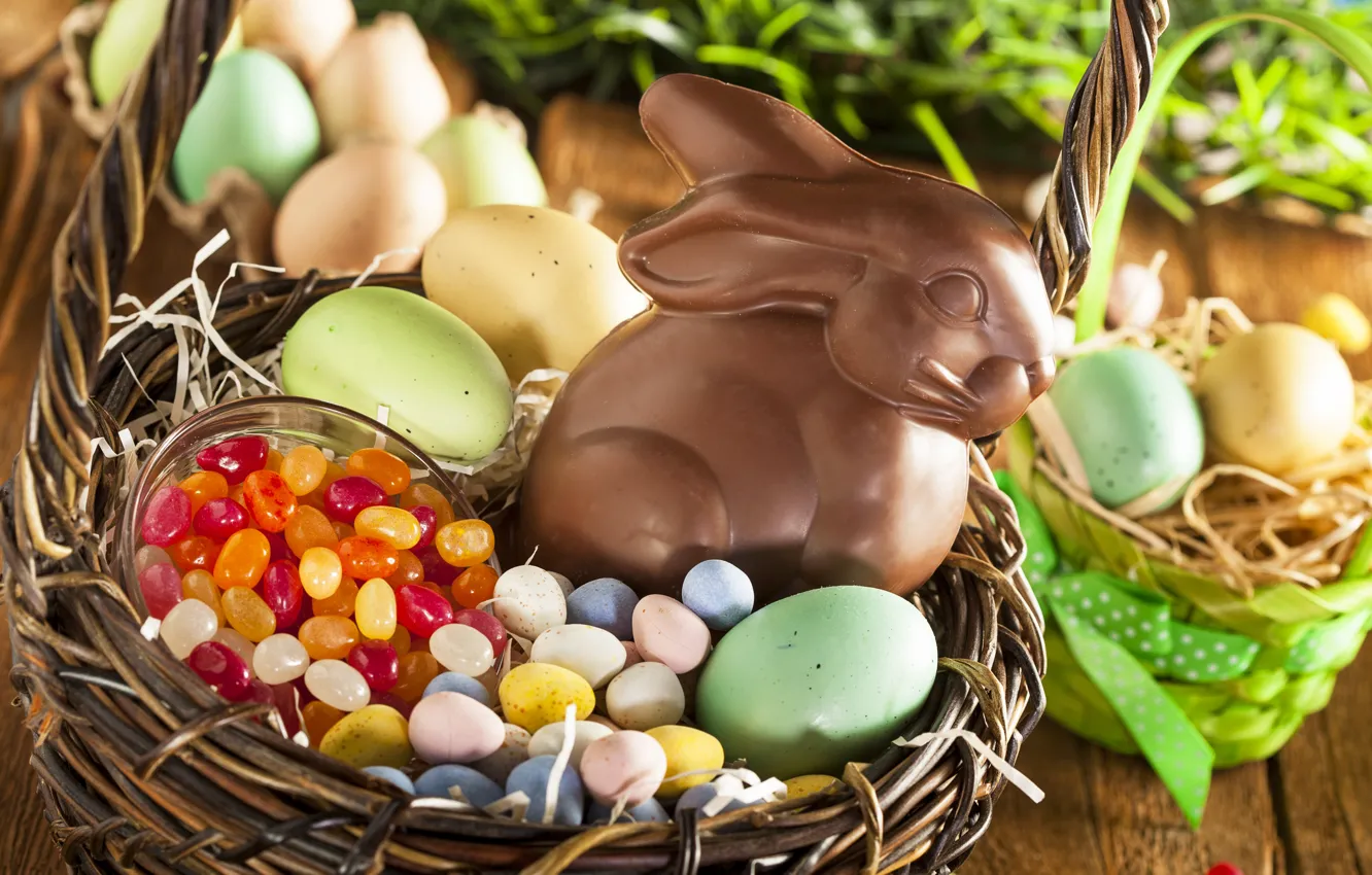 Фото обои корзина, шоколад, яйца, кролик, конфеты, Пасха