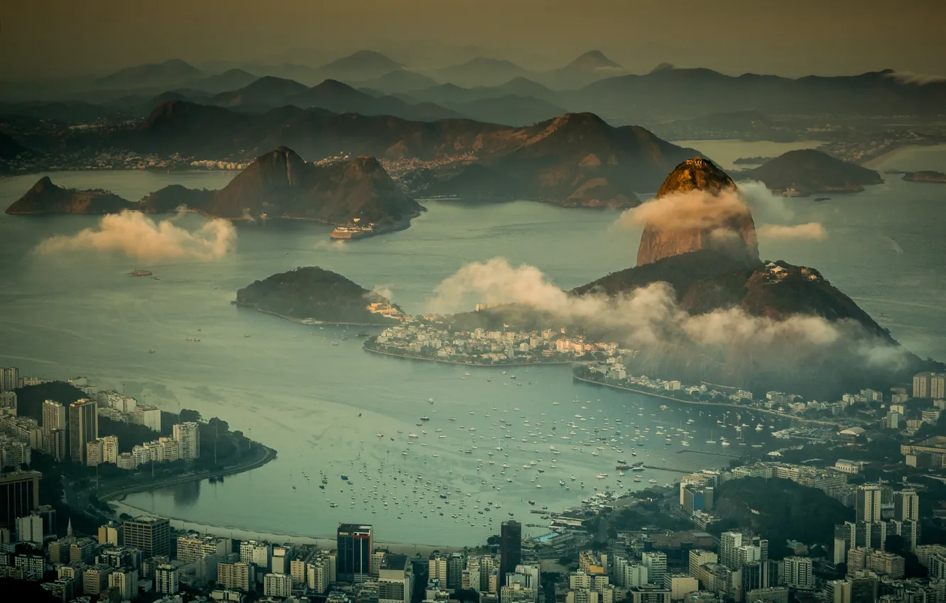 Фото обои море, горы, побережье, панорама, Бразилия, мегаполис, Rio de Janeiro