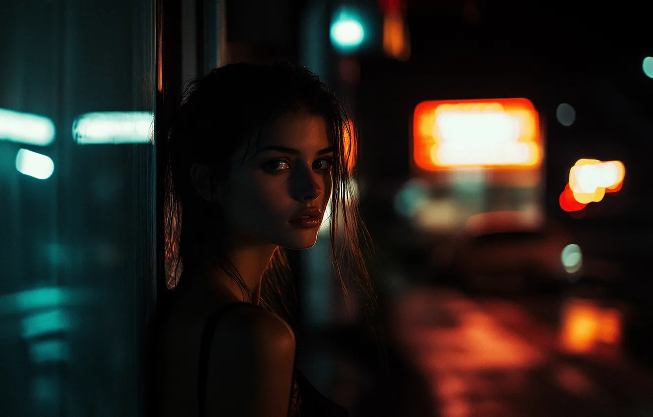 Фото обои night, city lights, street, women, brunette, reflection, bare shoulders, AI art