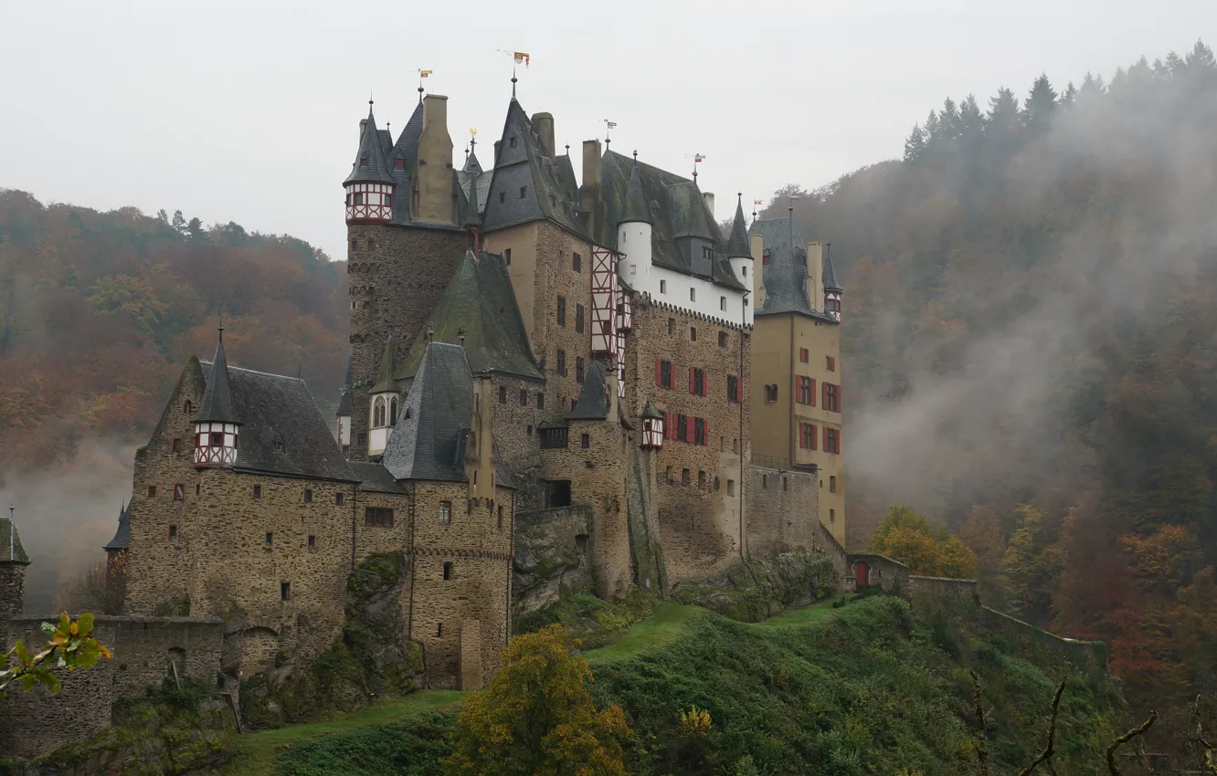 Фото обои небо, деревья, туман, Германия, Germany, замок Эльц, средневековая архитектура, Elz Castle