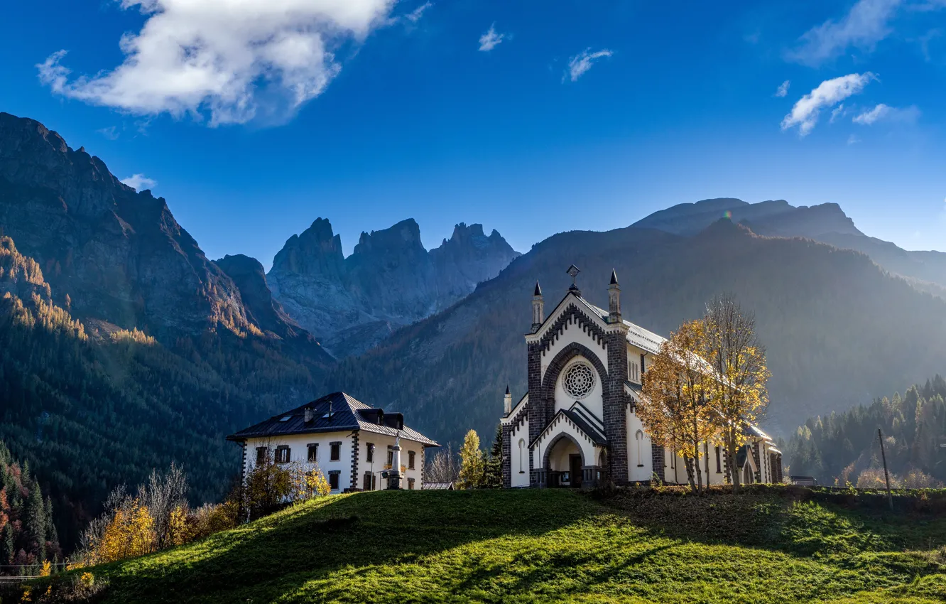 Фото обои горы, дом, синева, скалы, вид, Альпы, церковь, архитектура