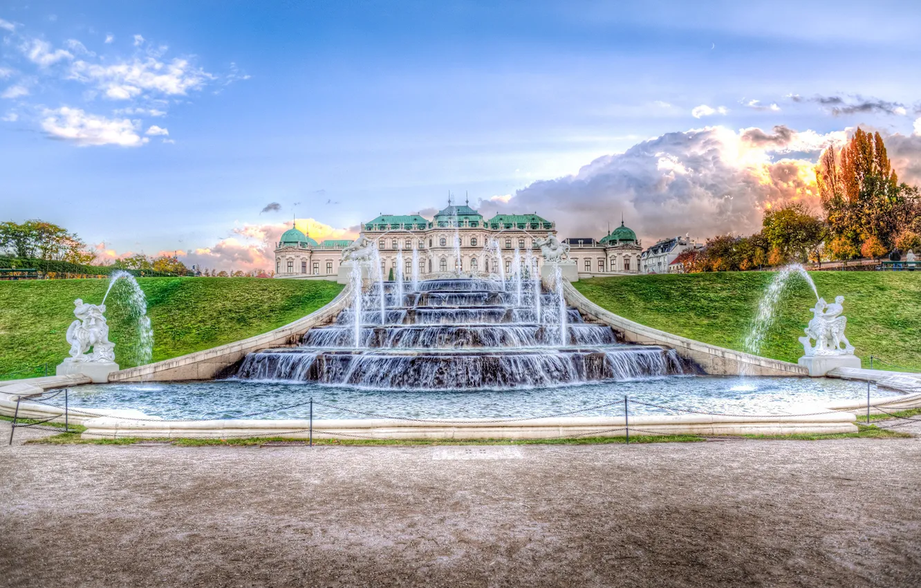 Фото обои небо, парк, Австрия, фонтан, Вена