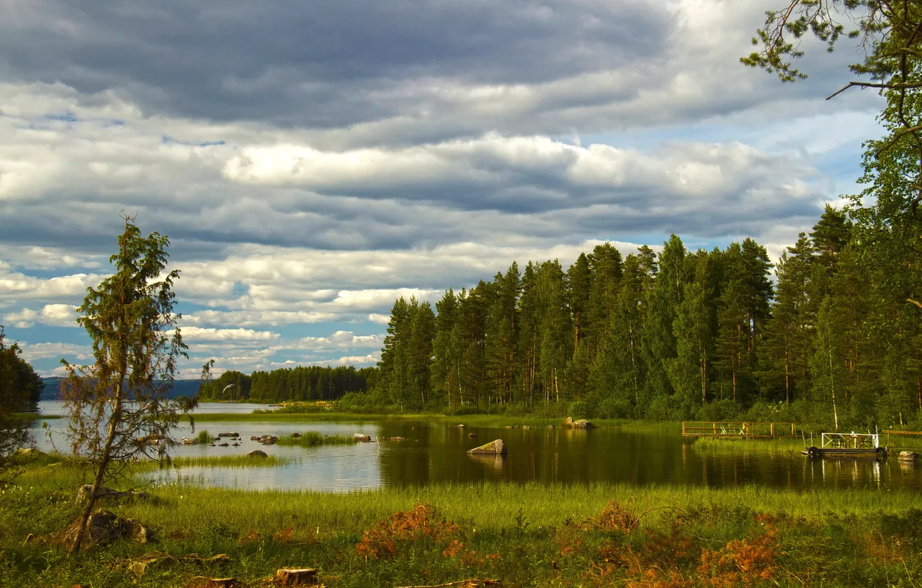 Фото обои небо, трава, облака, природа, река, фото, Швеция, Dalarna