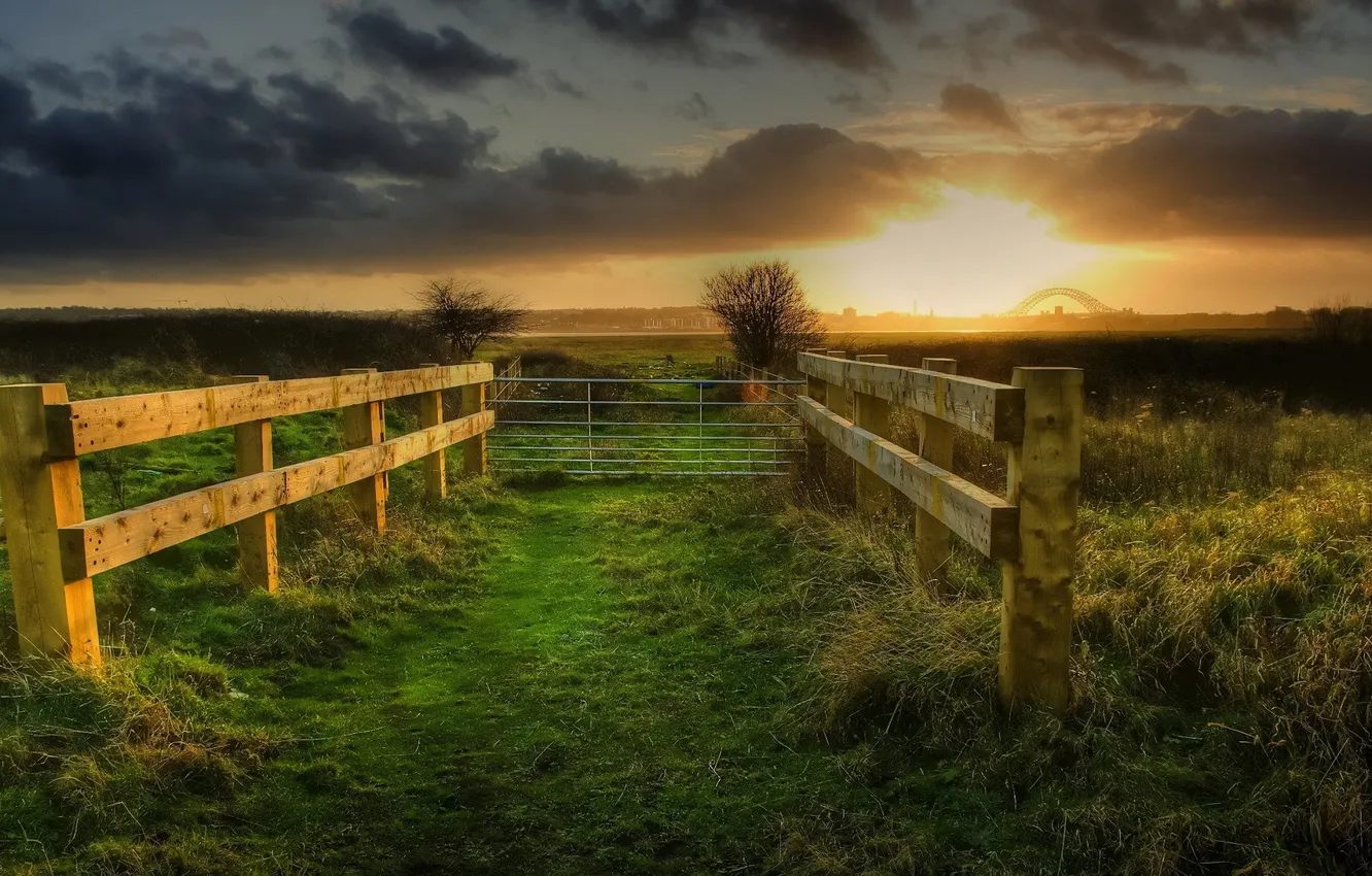 Фото обои трава, закат, мост, забор, ограда